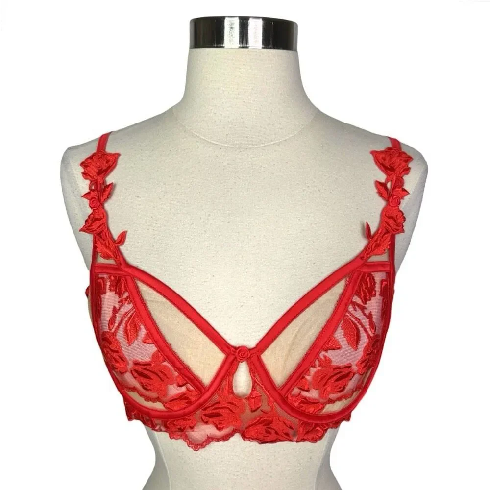 For Love & Lemons Romantic Roses Bra - Size Large (38A, 36B/C, 34DD, 38D)